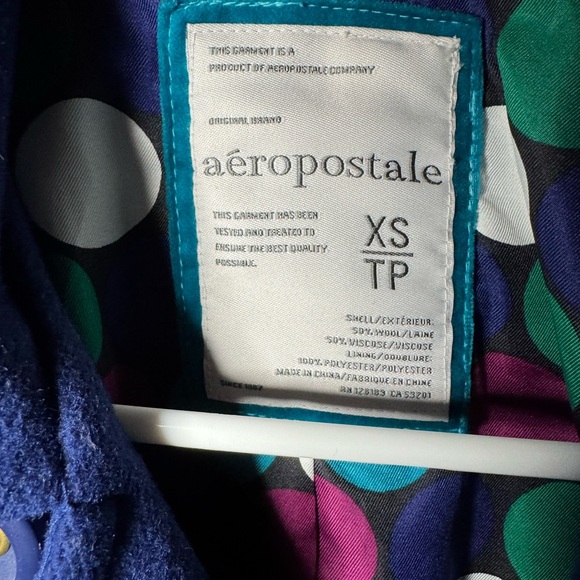Aeropostale Navy Blue Wool-Blend Peacoat XS – Colorful Polka Dot Lining - Picture 3 of 6